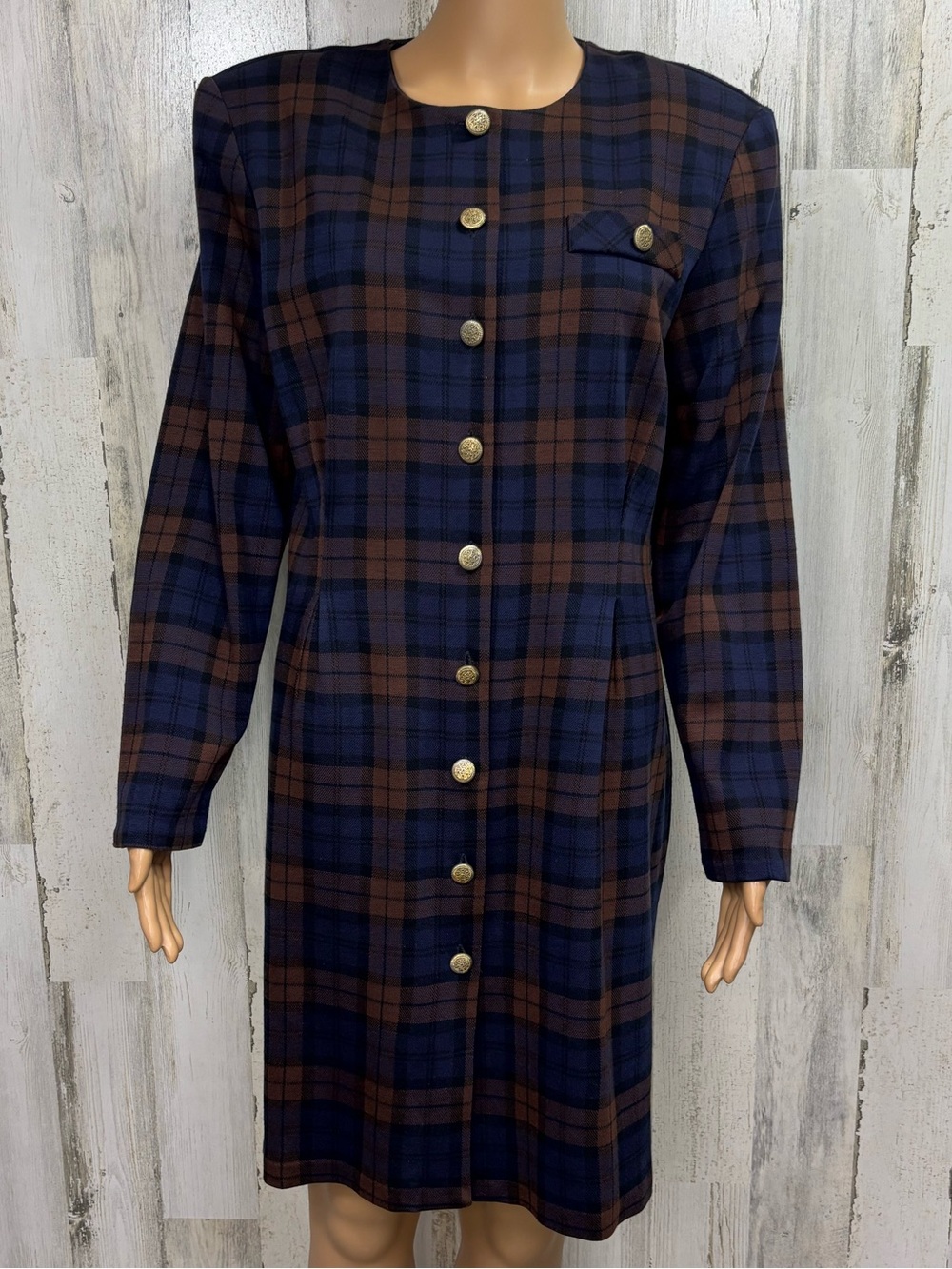Fashion Bug Vintage‎ 80’s-90’s Navy & Brown Plaid Button-Front  Dress
